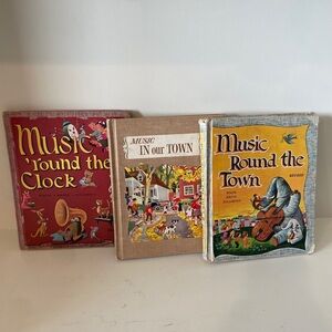 Vintage Book Lot Music Children's Books Colorful Hardback Round the Town Clock